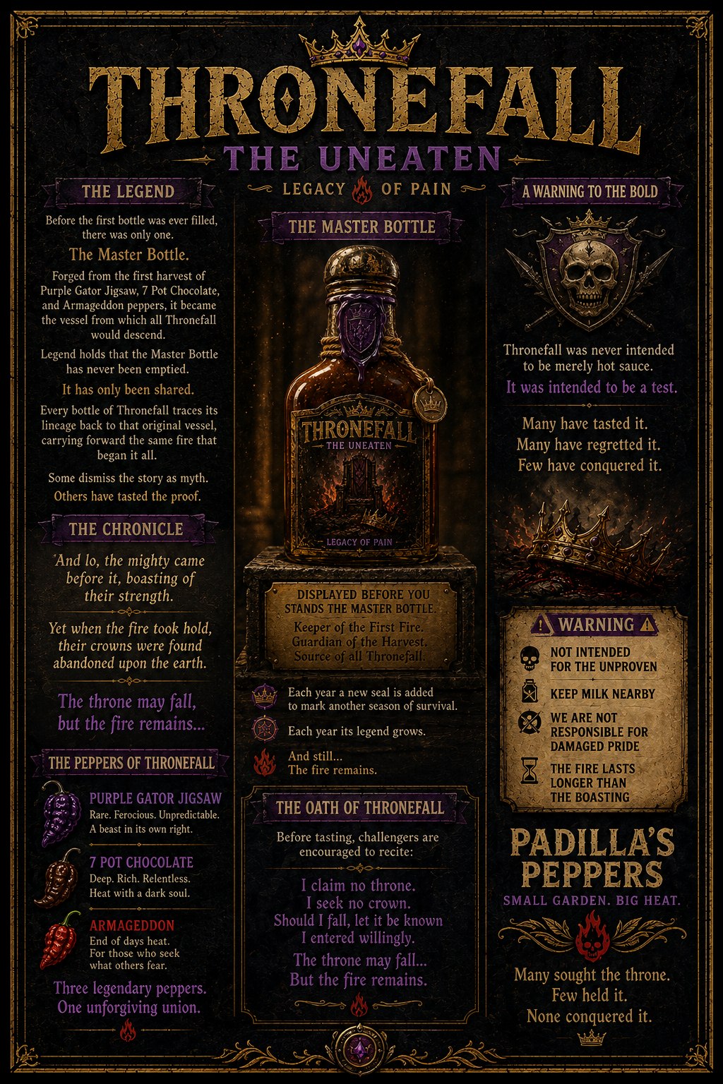 Thronefall master bottle lore card for Padilla's Peppers.