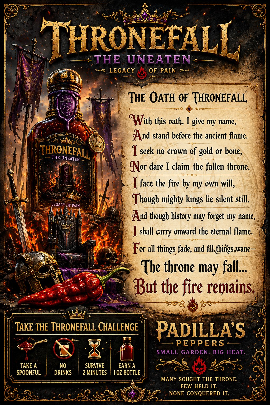 The Oath of Thronefall challenge poster for Padilla's Peppers.