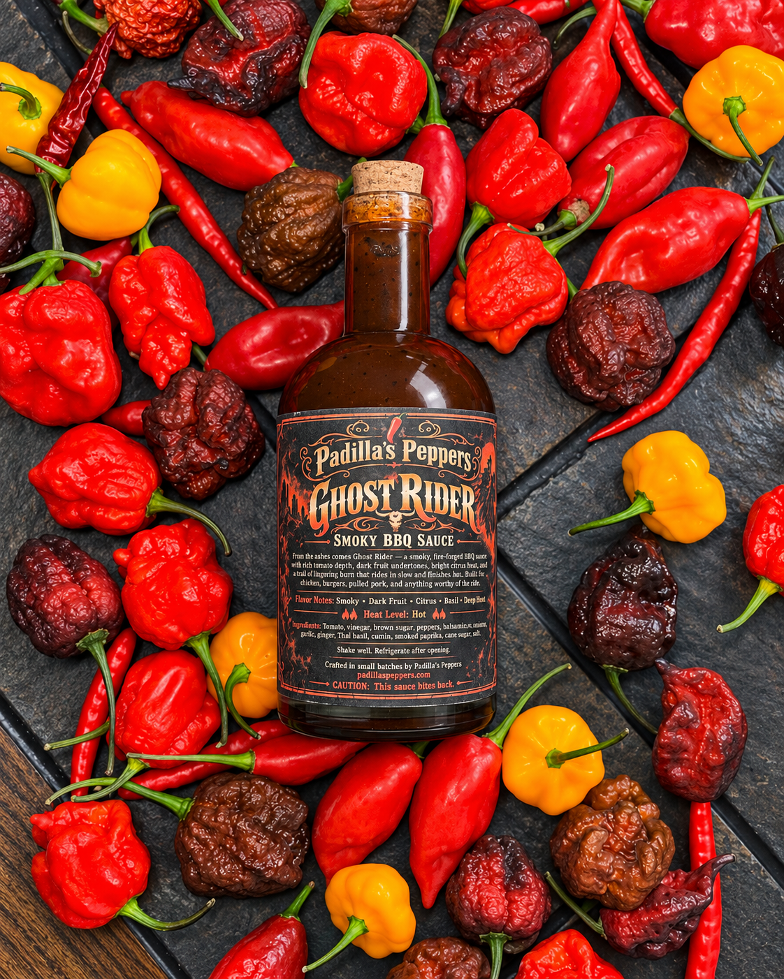 Ghost Rider back label among fresh peppers